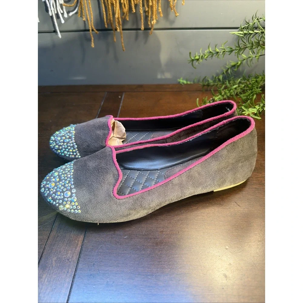 Report Brown Suede Round Toe Ballet Flats Rhinestone Bow Slip-On Women's US 6.5